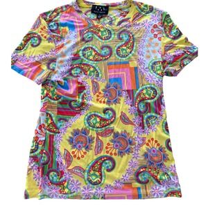 David Meister Silk Top Womens Small Yellow Paisley Floral Short Sleeve Tee